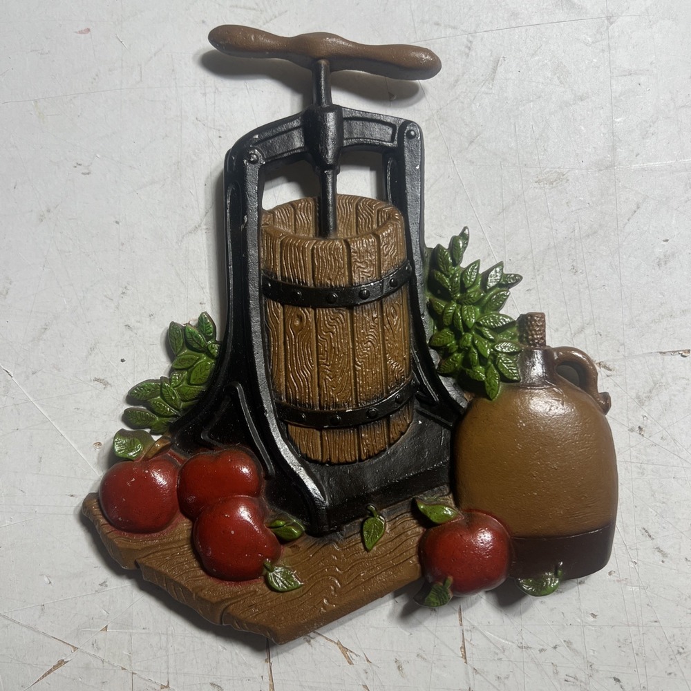 Vintage Cast Metal Painted 3D Apple Cider Press Wall Plaque HOMCO 1978